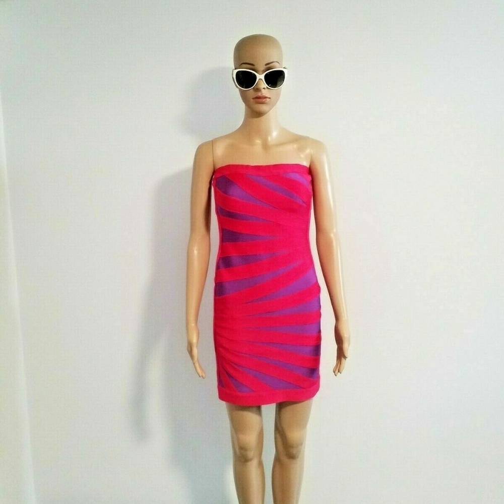 Herve Leger Hot Pink and Purple Bandage Mini Dress